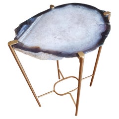 Organic Modern White with Dark Blue Edge Geode Drink Table with Gold Gilt Base