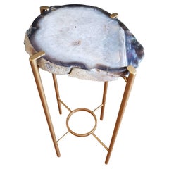 Organic Modern Dark Blue with White Center Geode Drink Table with Gold Gilt Base