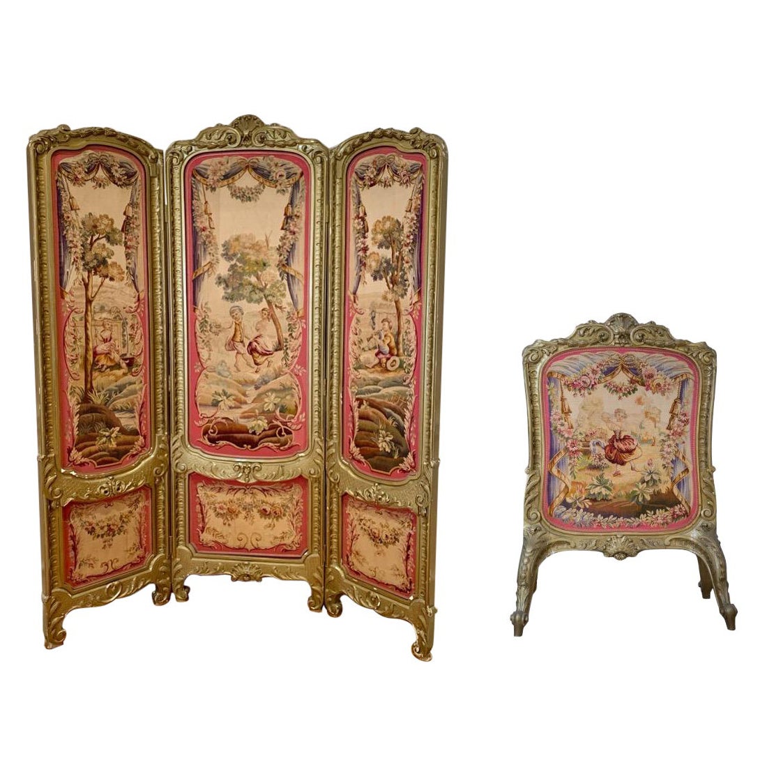 19th Century Louis XV Regency Gilded Screen and Fire Screen with Tapestries