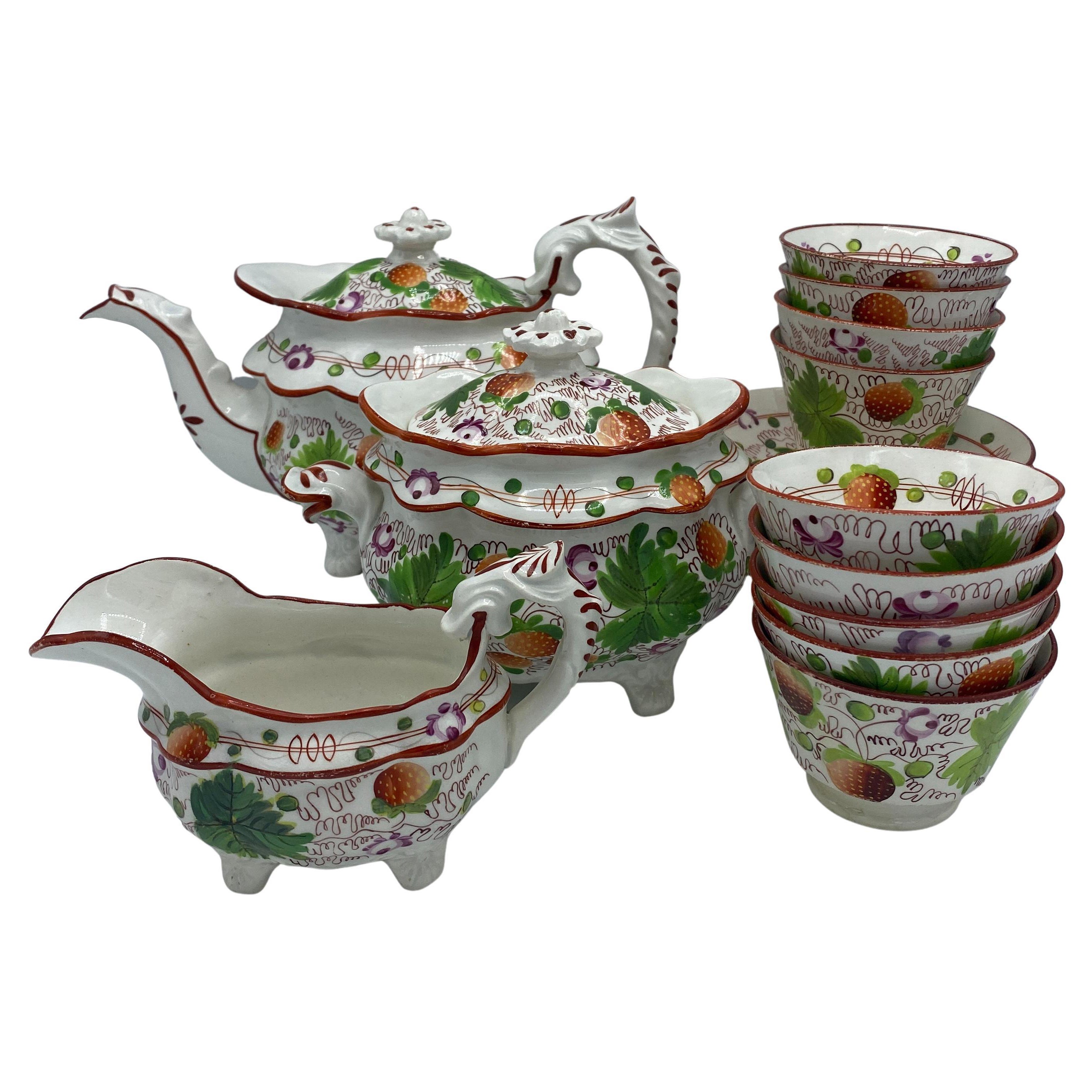 Early 19th Century Staffordshire Pealware Tea Set with Strawberry & Vine Pattern For Sale