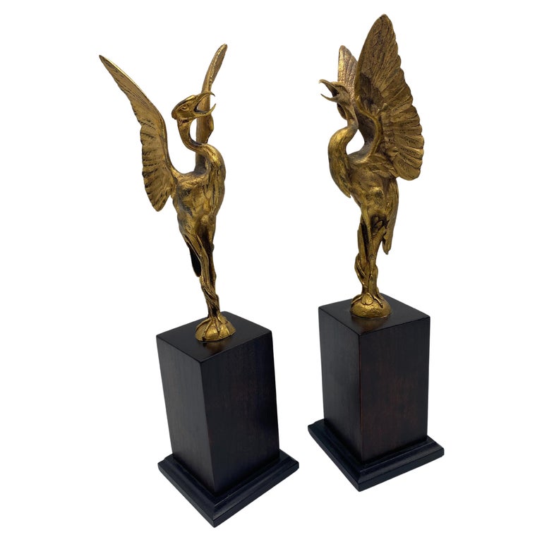 Pair of Late 18th Century Gilt Metal Phoenix Bird Sculptures with Mahogany  Bases For Sale at 1stDibs