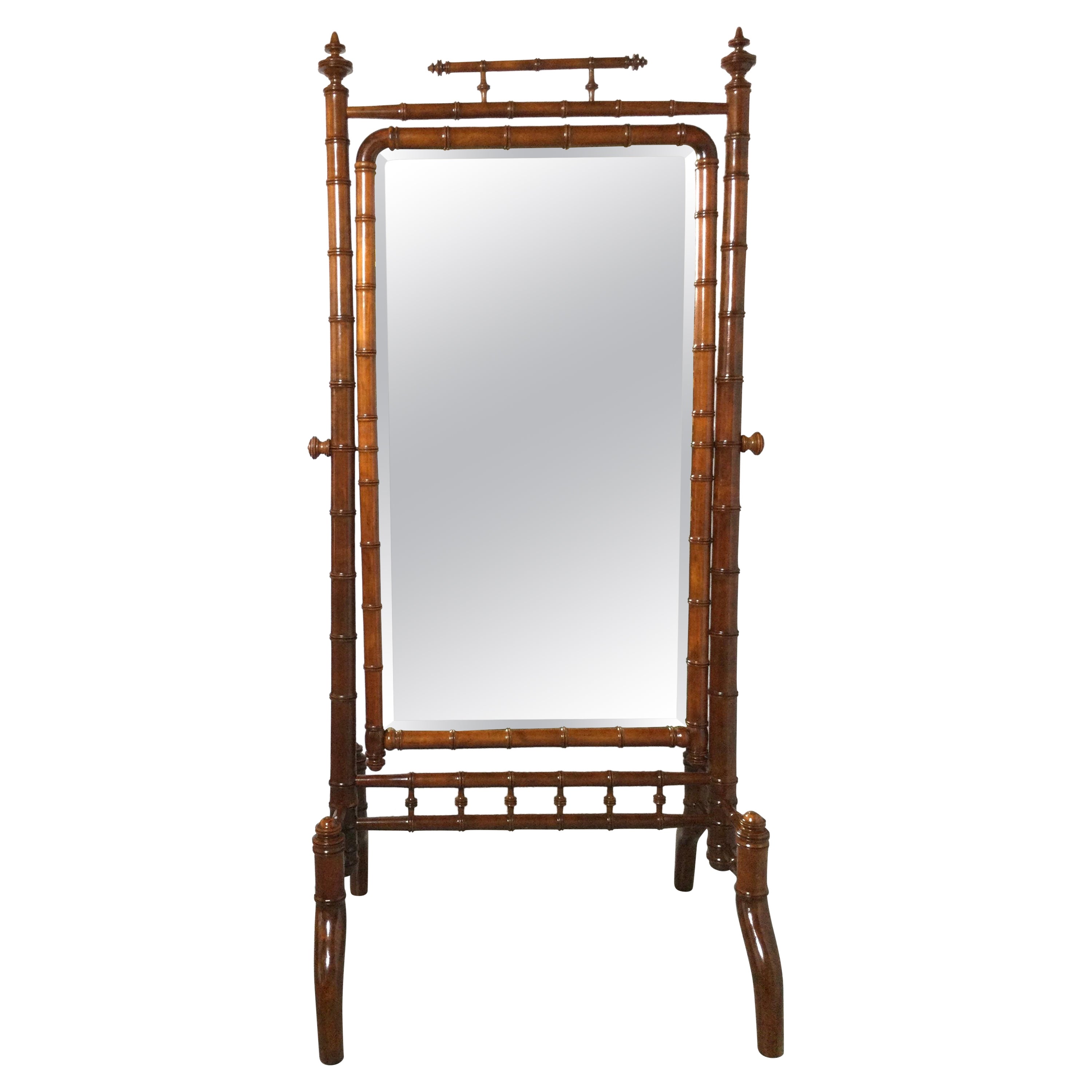 Rare Circa 1890's Late Victorian Chestnut Faux Bamboo Cheval Dressing Mirror