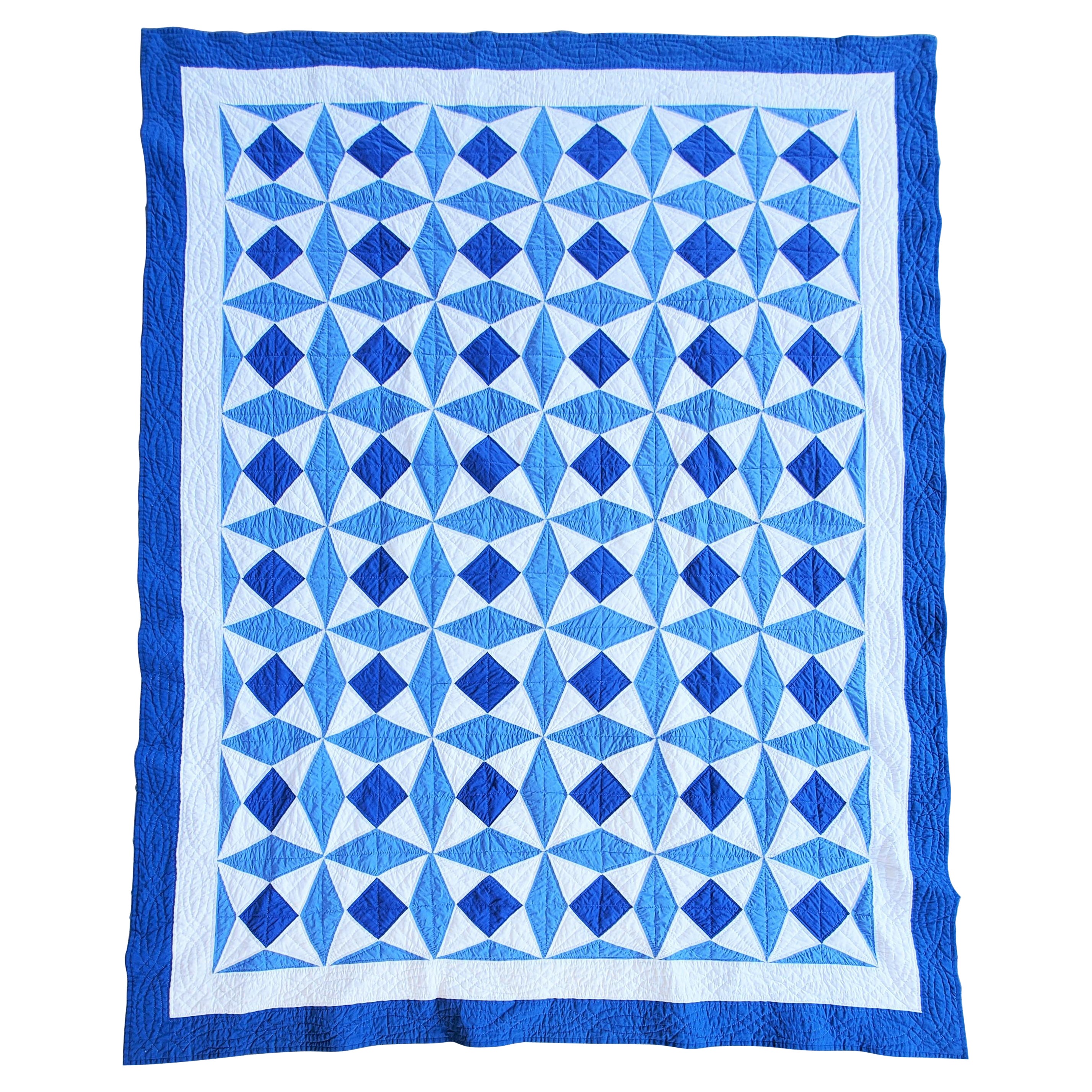 Geometric Blue & White Quilt For Sale