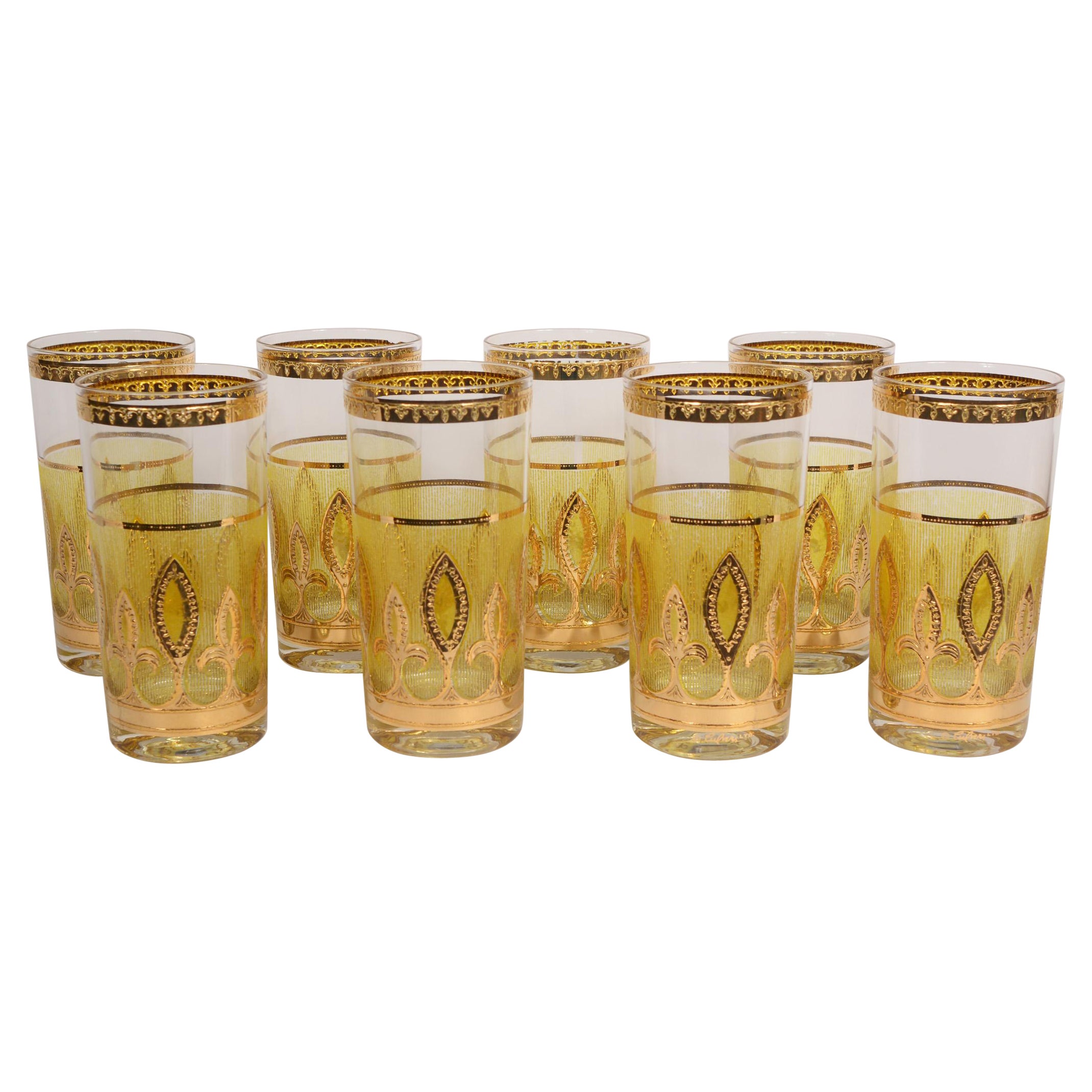 Eight Culver Highball Glasses with 22 Karat Gold Detail For Sale