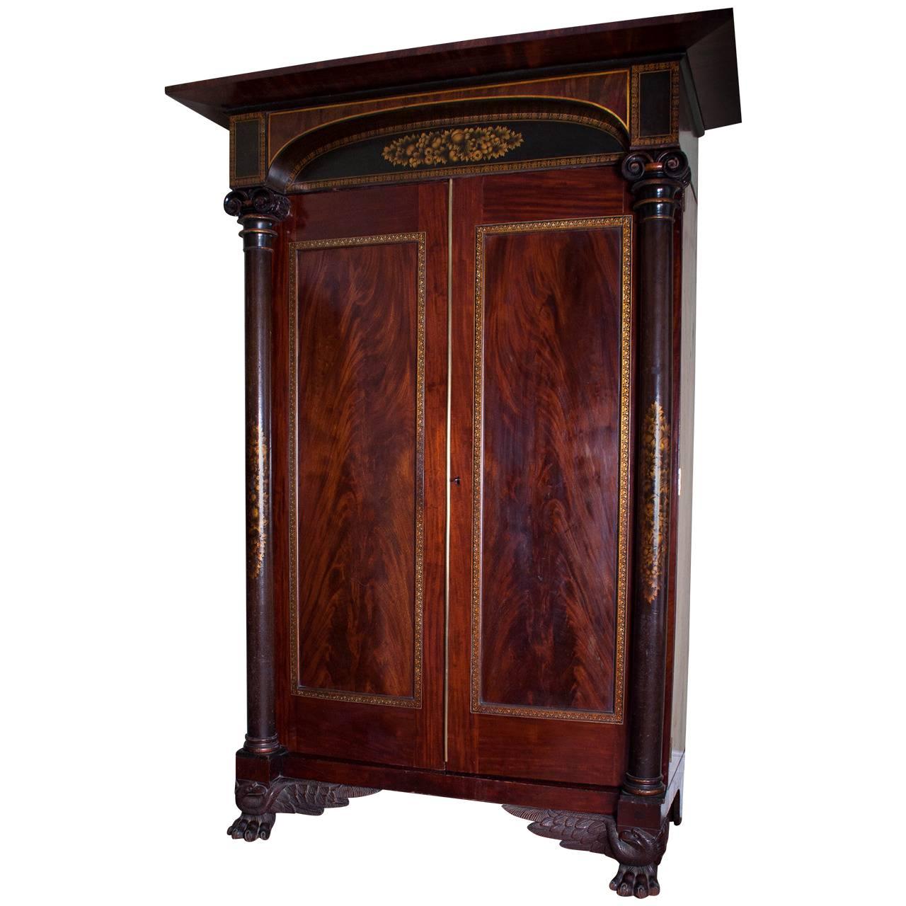 Gilt-Stenciled Carved Mahogany Armoire