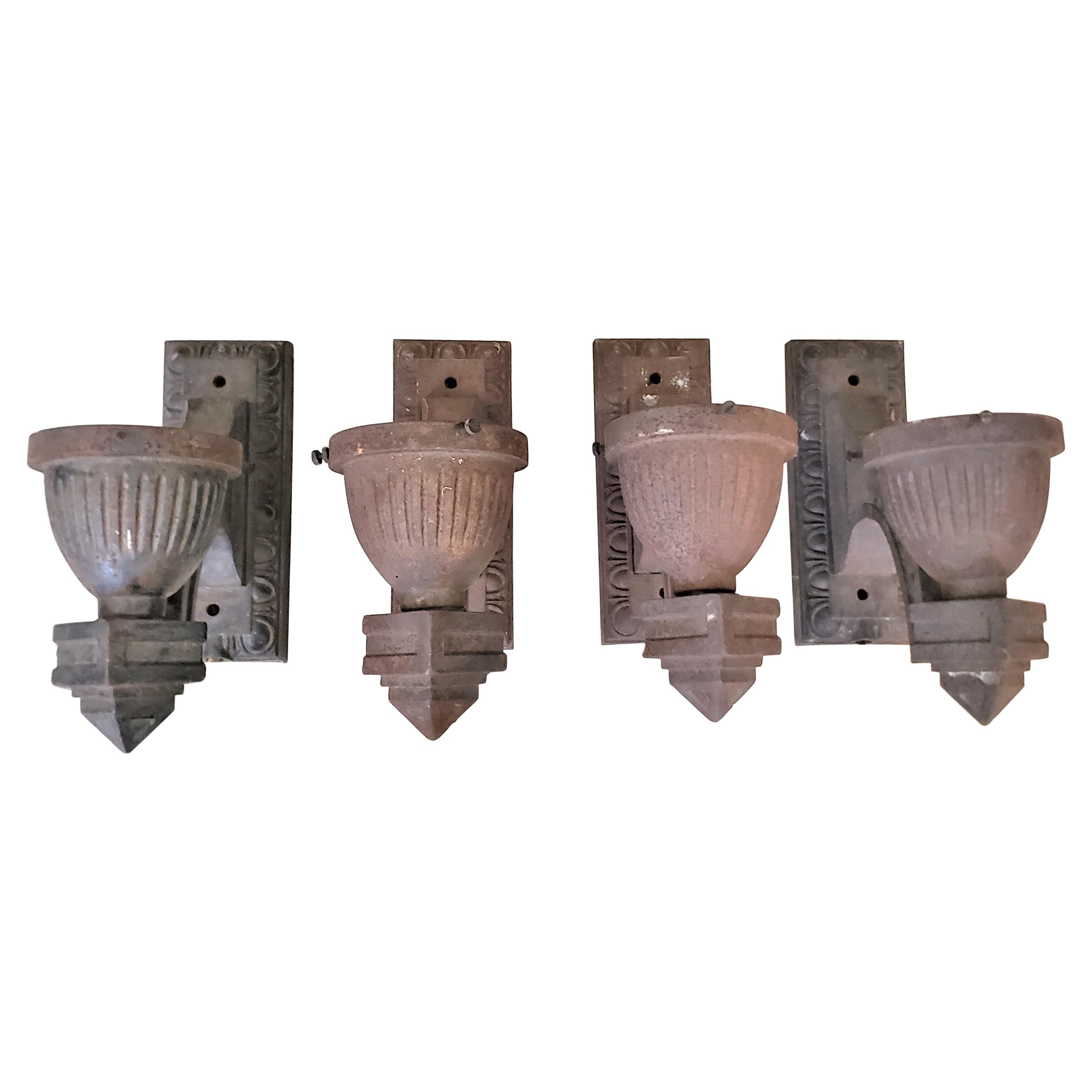 Set of 4 Salvaged Art Deco Heavy Cast Iron Architectural Outdoor Wall Sconces