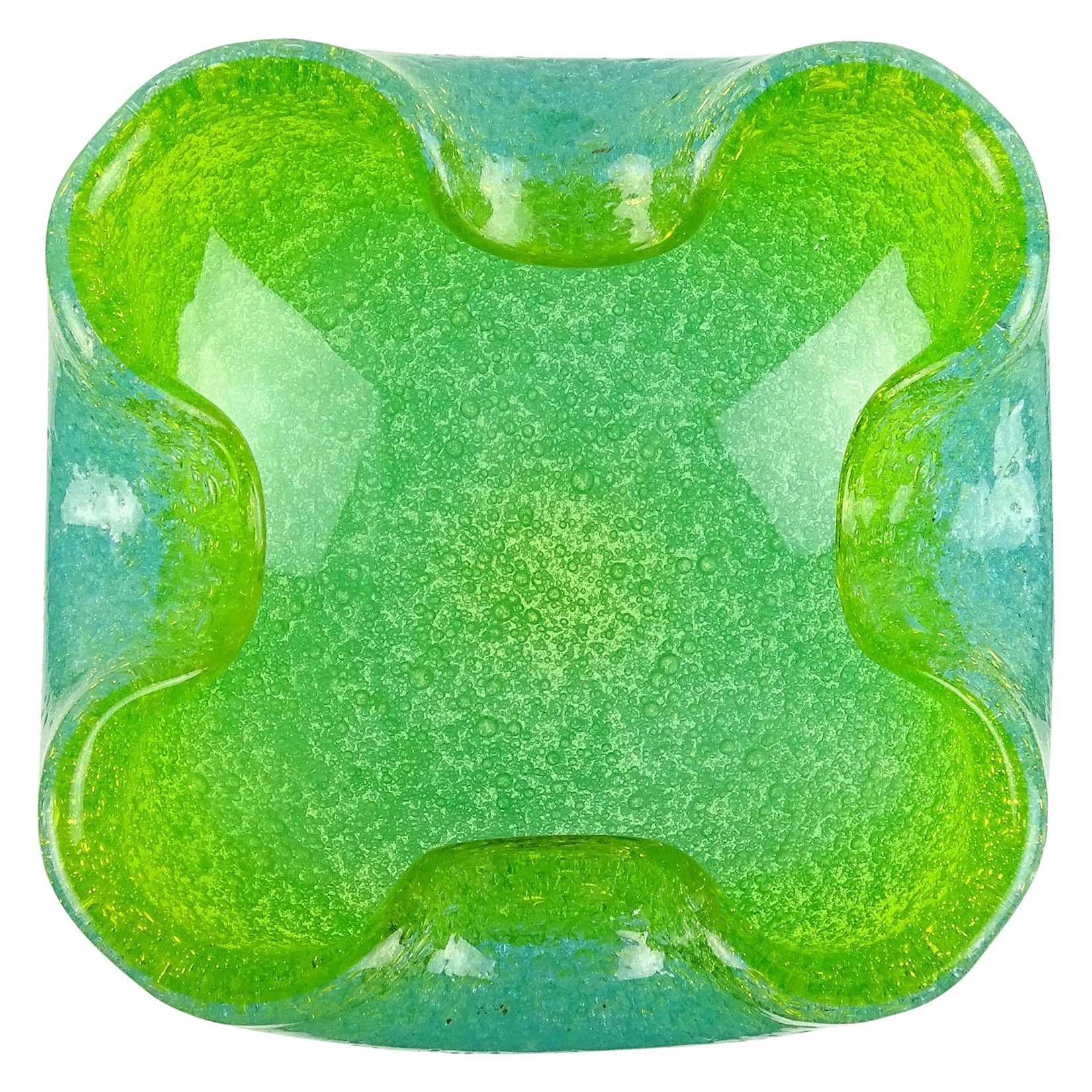 Cenicero de Murano Azul Verde Pulegoso Burbujas Tazón decorativo de vidrio artístico italiano