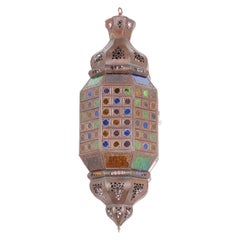 Moroccan Moorish Metal Lantern with Multi-Color Glass