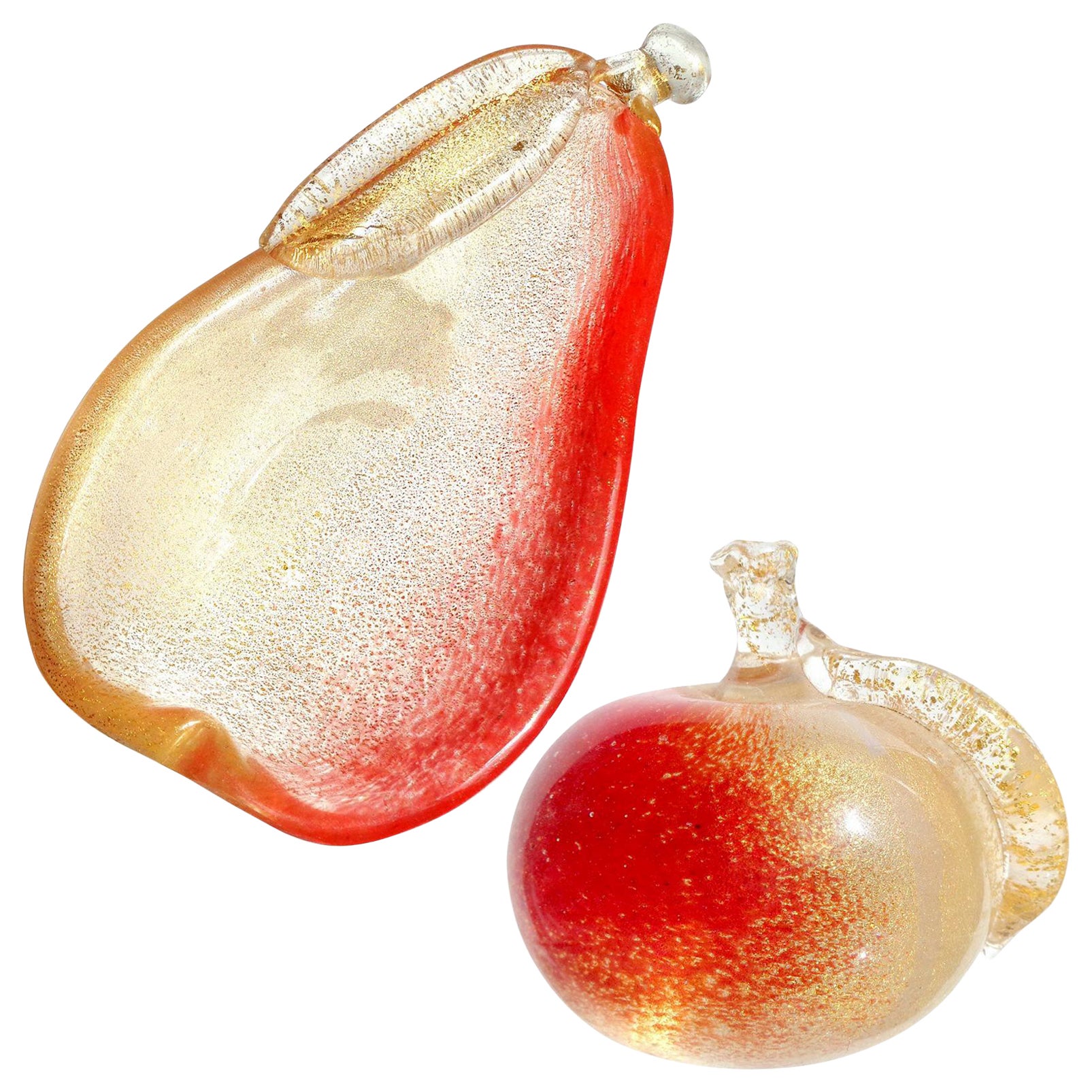 Seguso Murano Red Gold Flecks Italian Art Glass Pear Dish Apple Paperweight Set For Sale