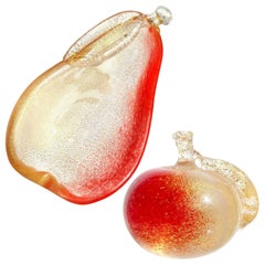 Seguso Murano Red Gold Flecks Italian Art Glass Pear Dish Apple Paperweight Set