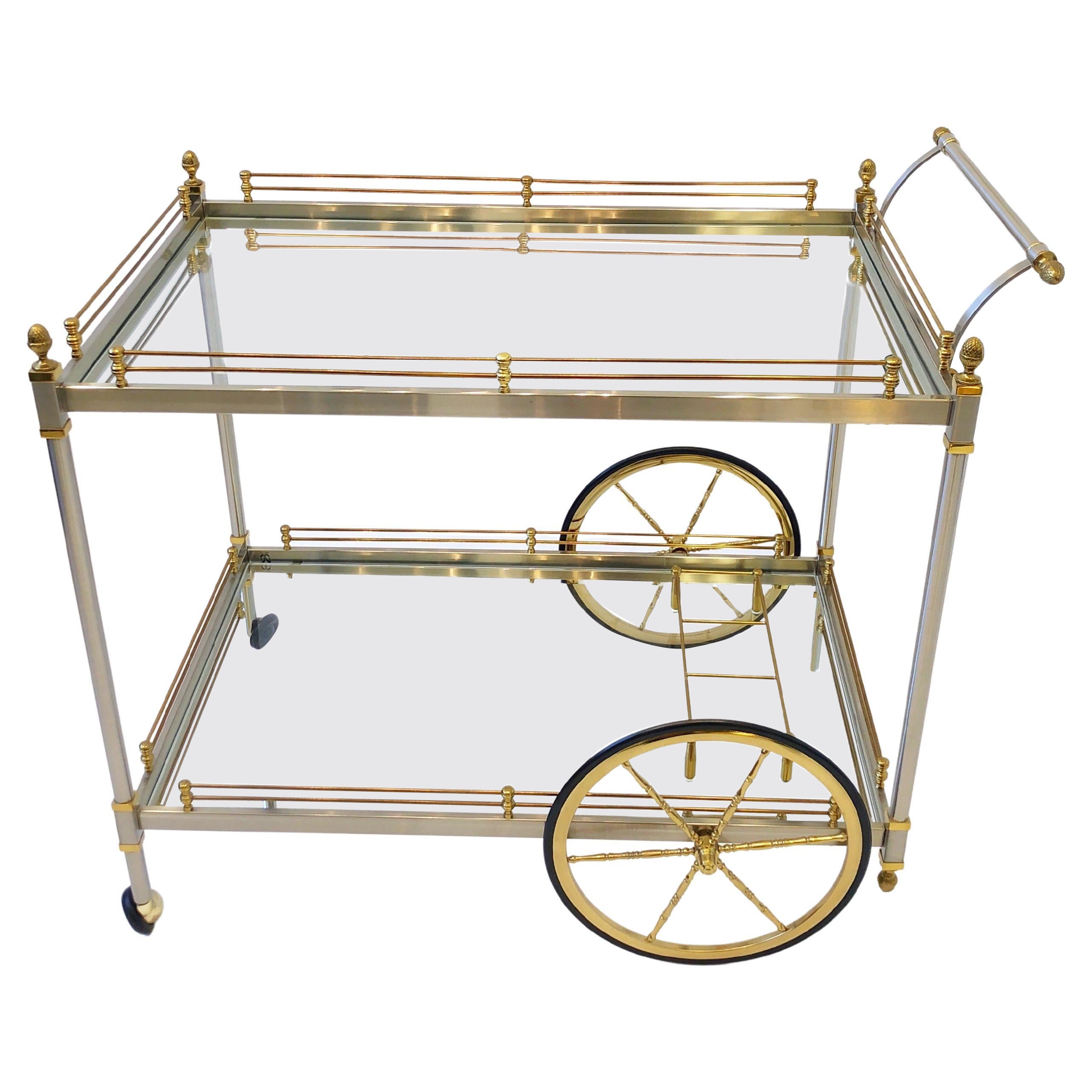 Italian Brass and Brushed Steel Two Tier Bar Cart 