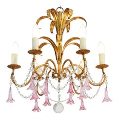 French 6 Light Chandelier C1950, Pink Flower Pendant Drops And Gilded Tôle