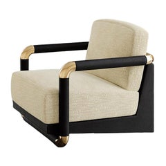 21th Century Modern Armchair in White Velvet, Black & Golden Details
