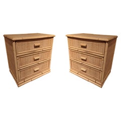 Pair of 1970s Spanish Woven Wicker & Bamboo 3-Drawer Bedside Tables