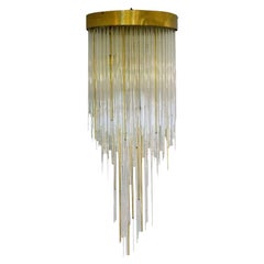 Italian 1960s Flush Mount Chandelier in Glass, Brass Cascading like a Waterfall