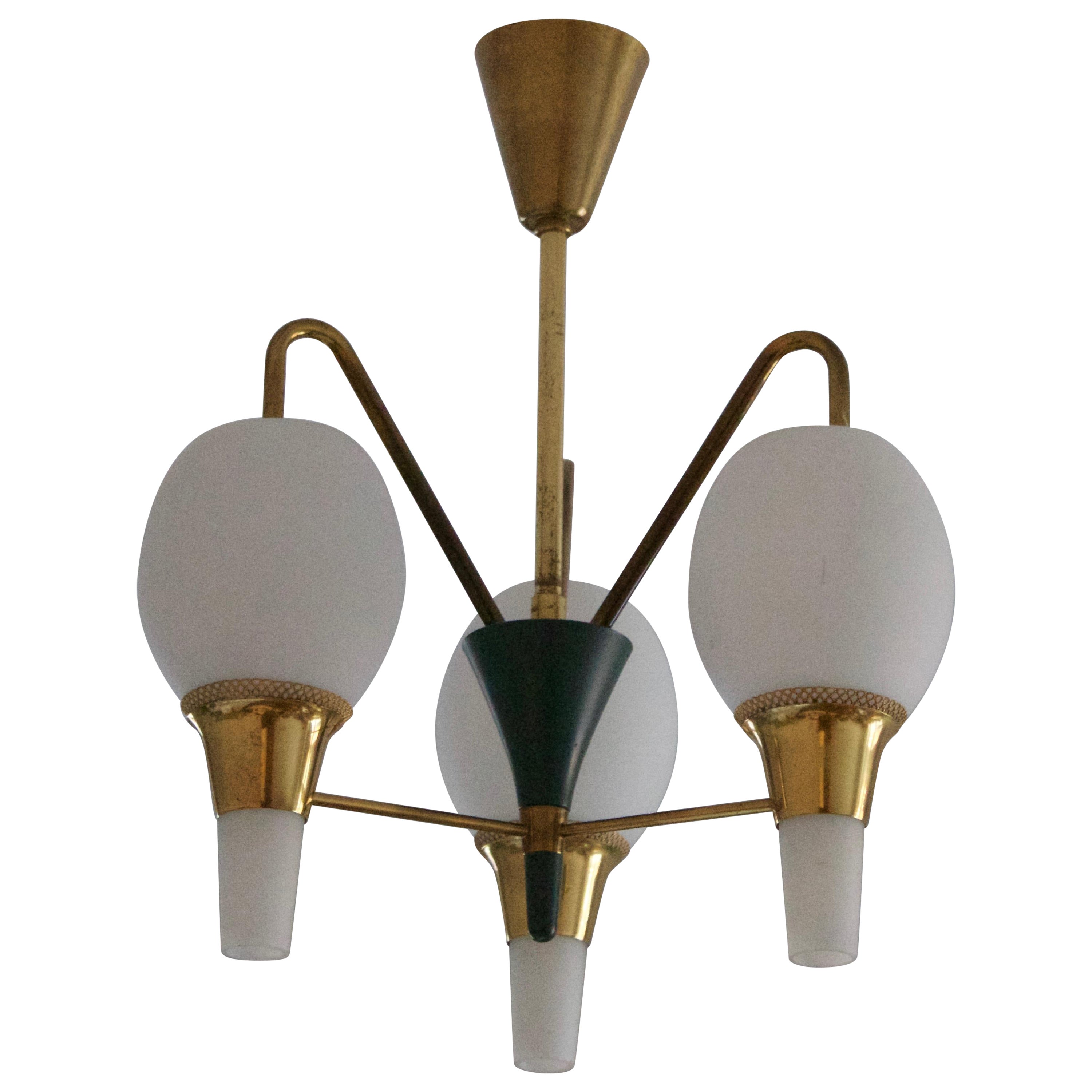 Fog & Mørup, Chandelier, Brass, Green-Lacquered Metal, Milk Glass, Denmark 1950s For Sale