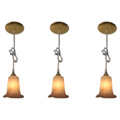 Set of Three French Art Glass Shade Pendant Light by Jean Noverdy