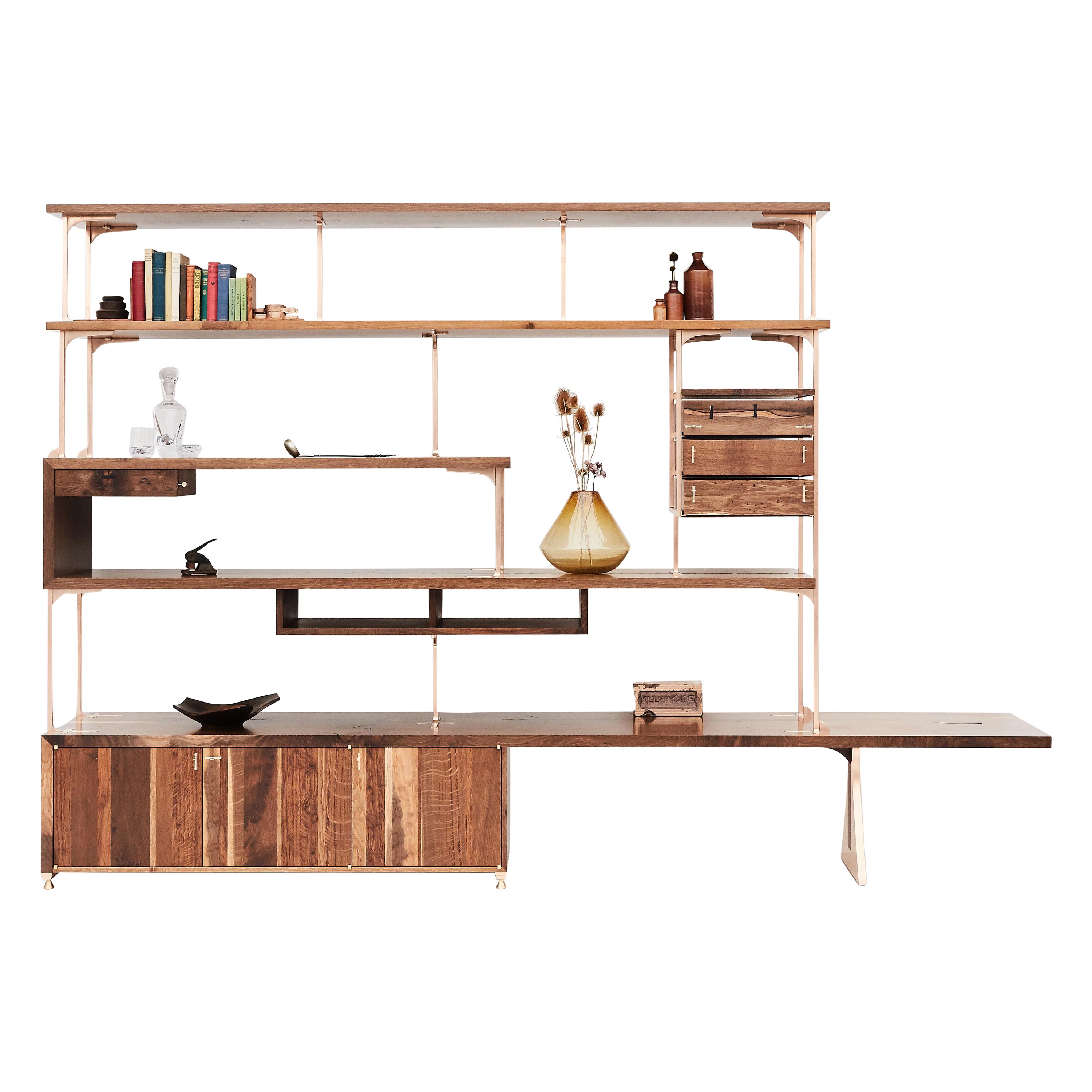 Handcrafted Fumed Scottish Oak and Bronze Buac Shelving Unit For Sale