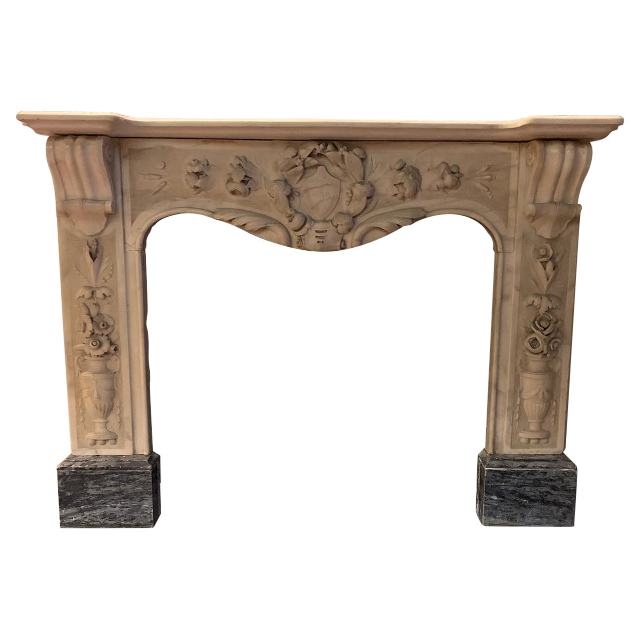 Antique Fireplace Mantle White Carrara Marble, Richly Carved, 19th Century Italy For Sale