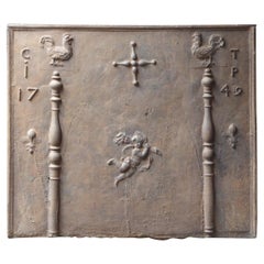 Large 18th Century French Fireback with Pillars, Fleurs de Lys and Cupid