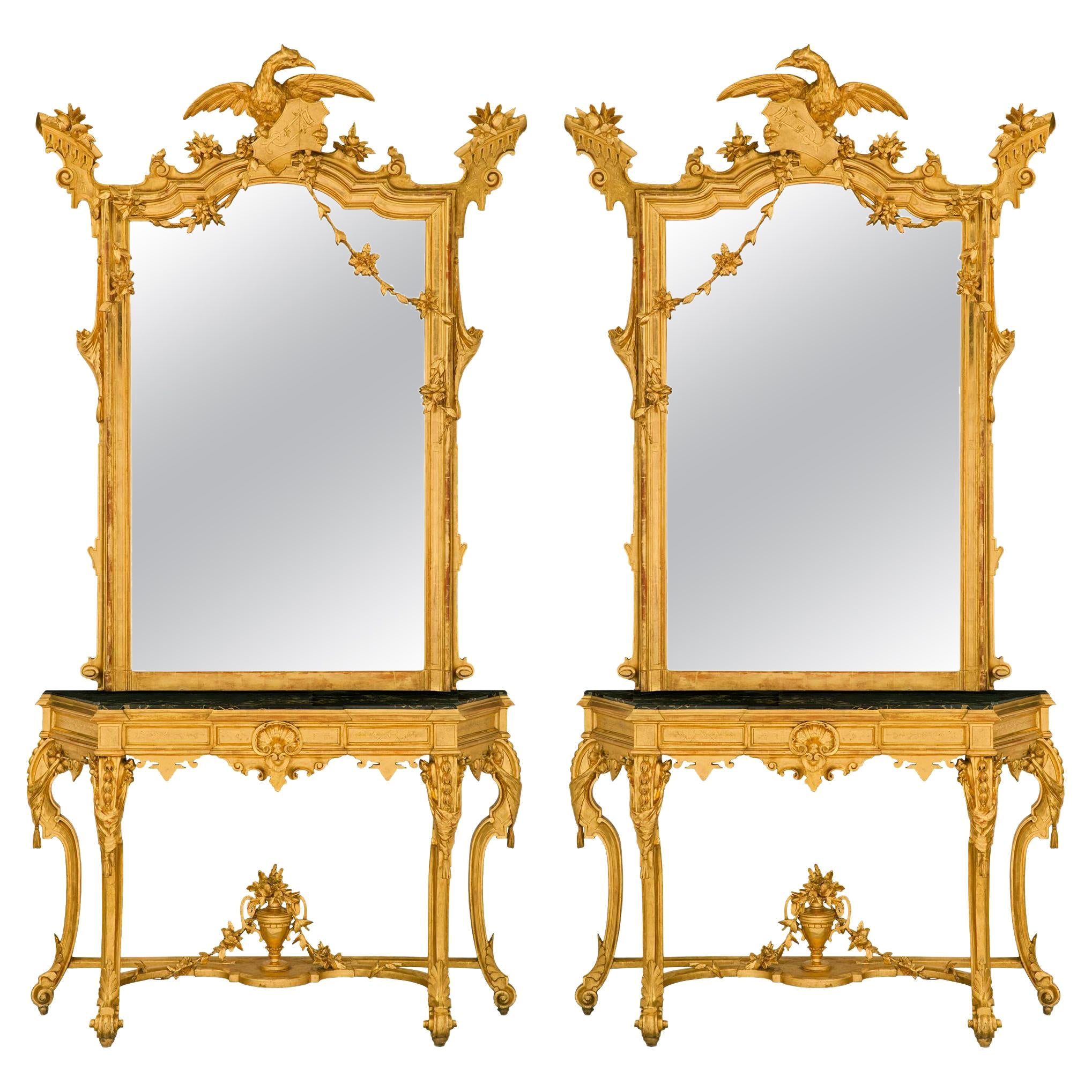 Pair of Italian Mid-19th Century Giltwood Consoles with Matching Mirrors For Sale