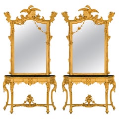 Pair of Italian Mid-19th Century Giltwood Consoles with Matching Mirrors