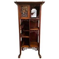 Antique Chinese Chippendale Mahogany Display Cabinet with Painted Enamel Ca 1890