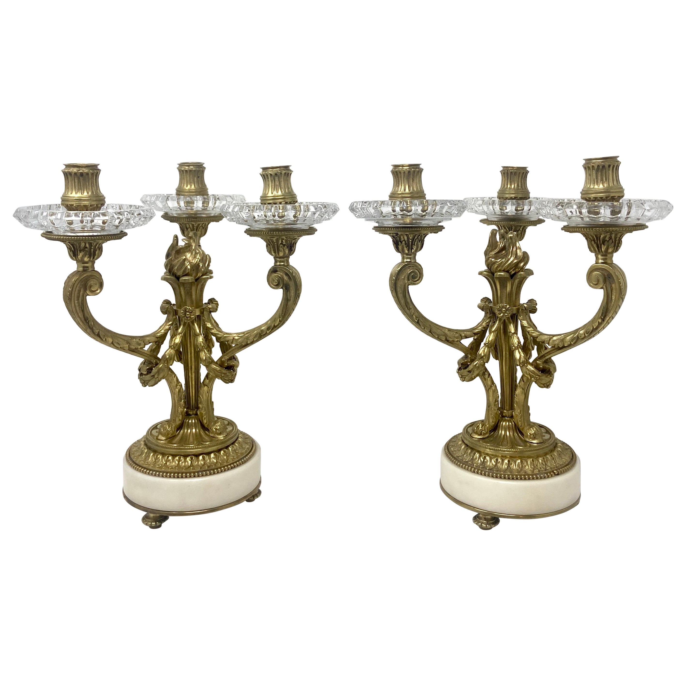 Pair Antique French Gold Bronze with Cut Crystal & Marble Candelabra, circa 1880 For Sale