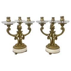 Pair Antique French Gold Bronze with Cut Crystal & Marble Candelabra, circa 1880