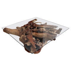 Contemporary Modernist Large Square Drift Wood & Glass Coffee Table