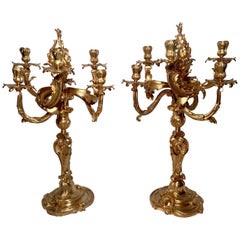 Pair Antique French Rococo Gold Bronze Candelabra Signed "Henry Dasson, 1889"