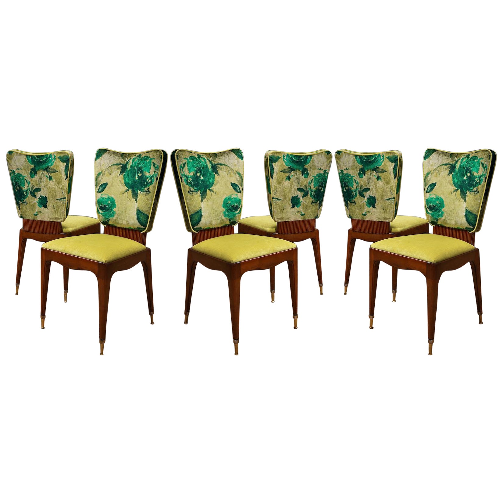 Osvaldo Borsani Attributed Cherry Wood and Floral Fabric Six Chairs, 1950 For Sale
