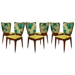 Vintage Osvaldo Borsani Attributed Cherry Wood and Floral Fabric Six Chairs, 1950