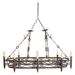 Antique French Art Deco Period Iron Oval 8-Light Chandelier, circa 1930