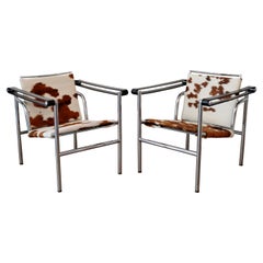 Retro Modern Pair of Pony Hair on Chrome Adjustable Chairs Corbusier Style, 1970s