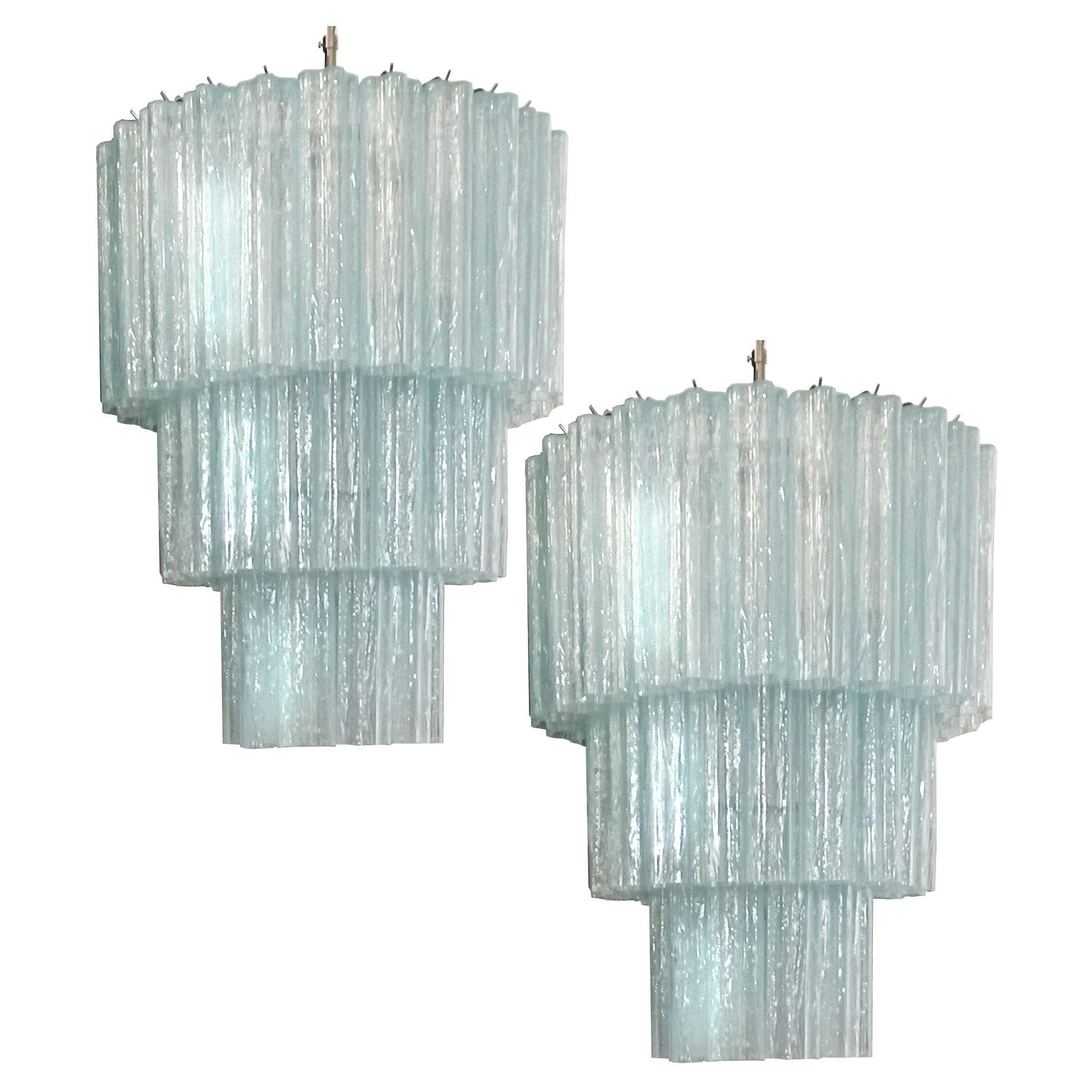 Pair of 52 Opal Silk Tronchi Chandeliers Style Toni Zuccheri for Venini, Murano