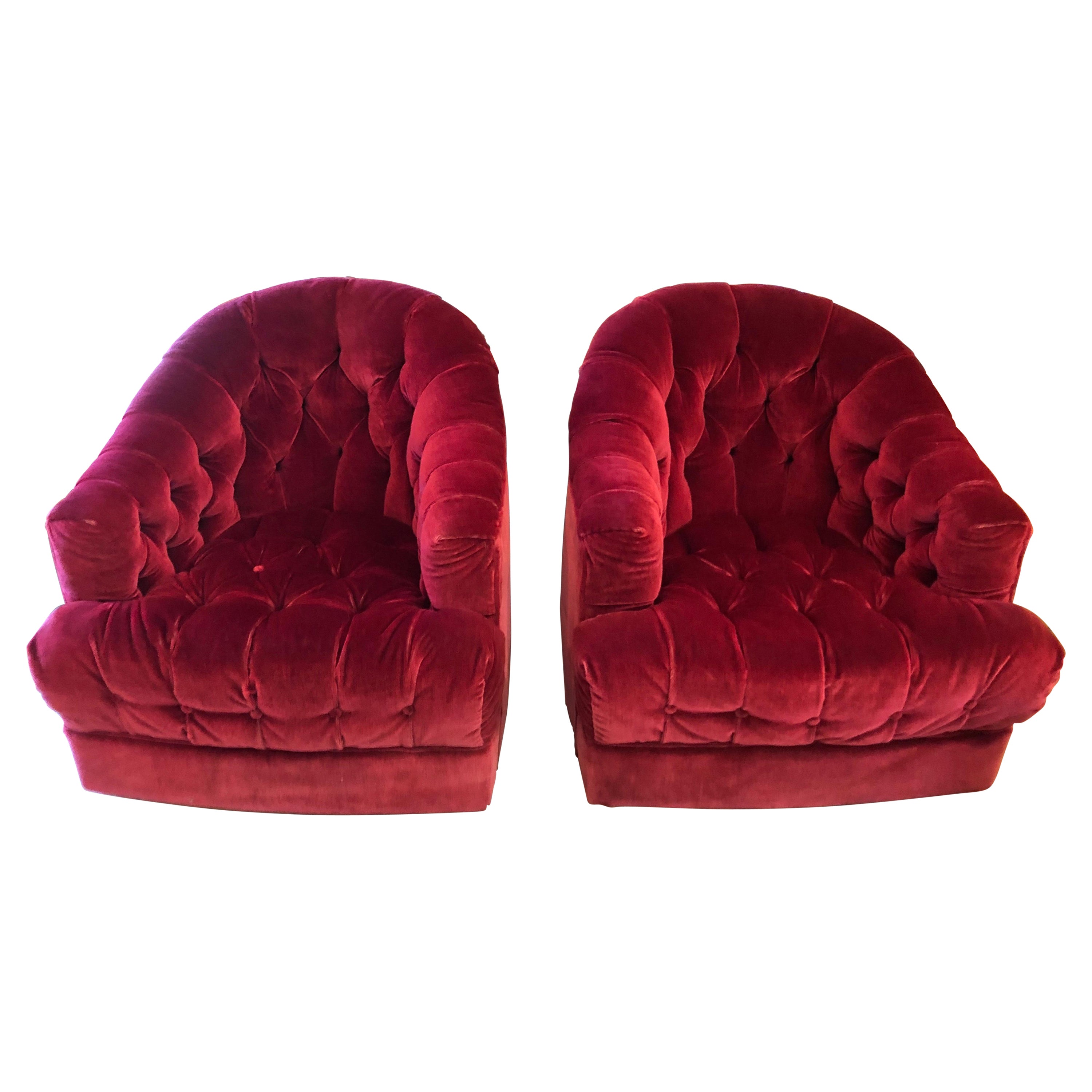 Pair of Raspberry Mohair Swivel Chairs by Directional