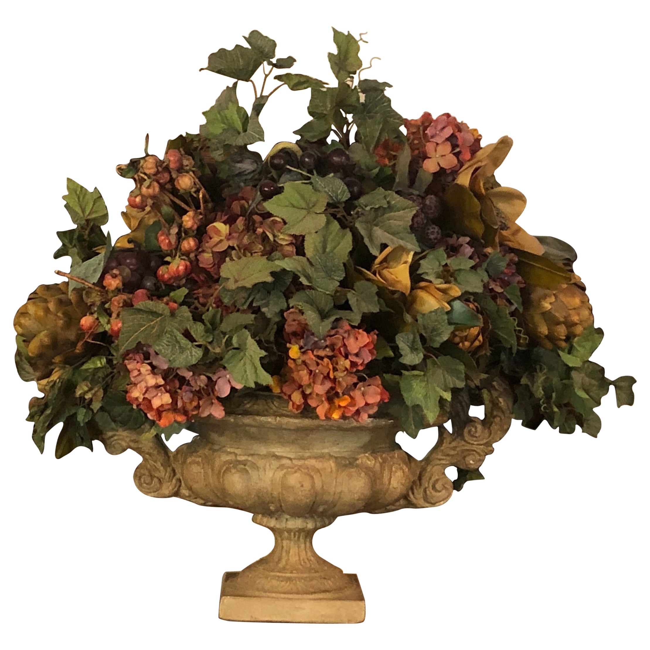 Large Silk Flower Centerpiece Arrangement in Stone Urn For Sale