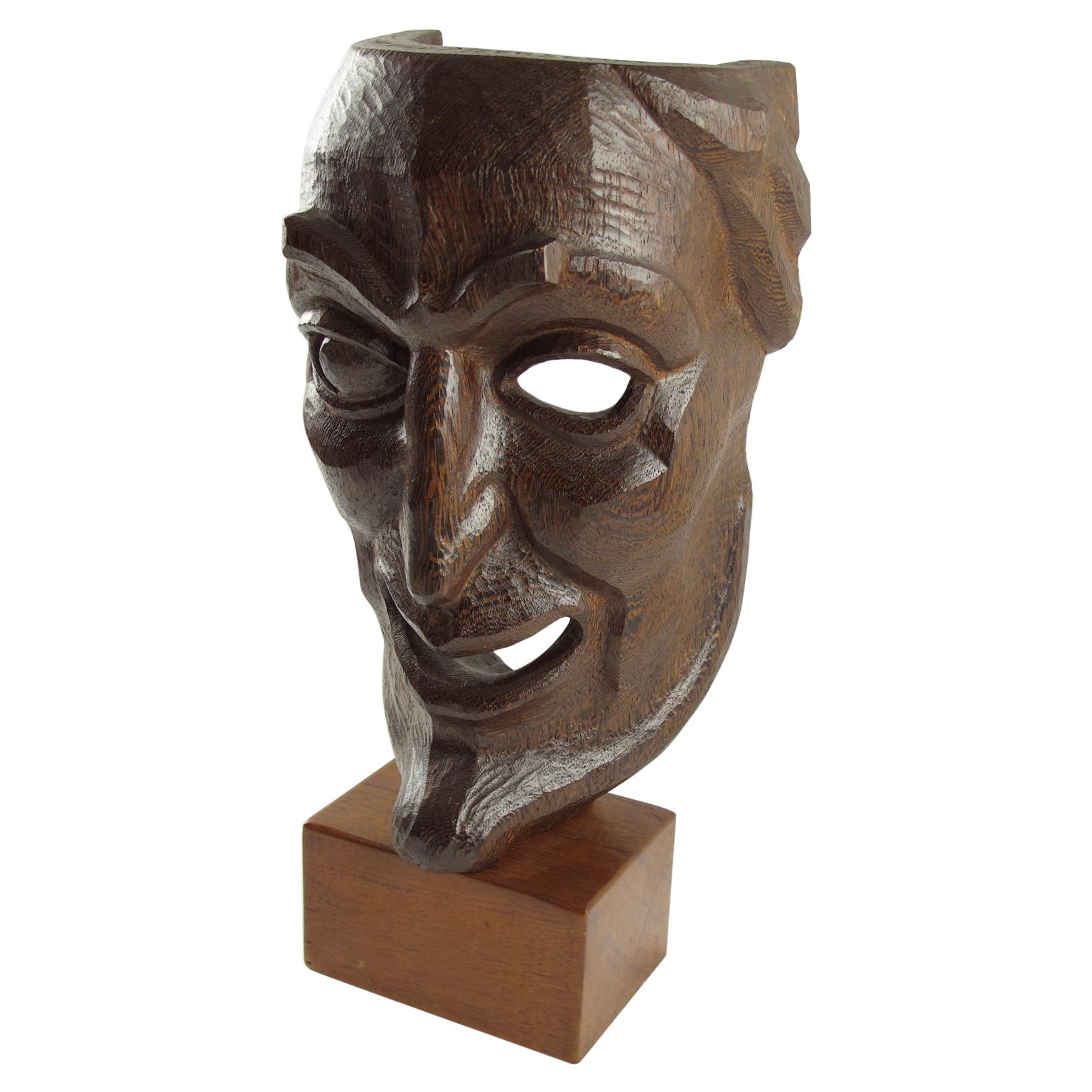 Hand Carved Grotesque Wood Mask Signed Sculpture