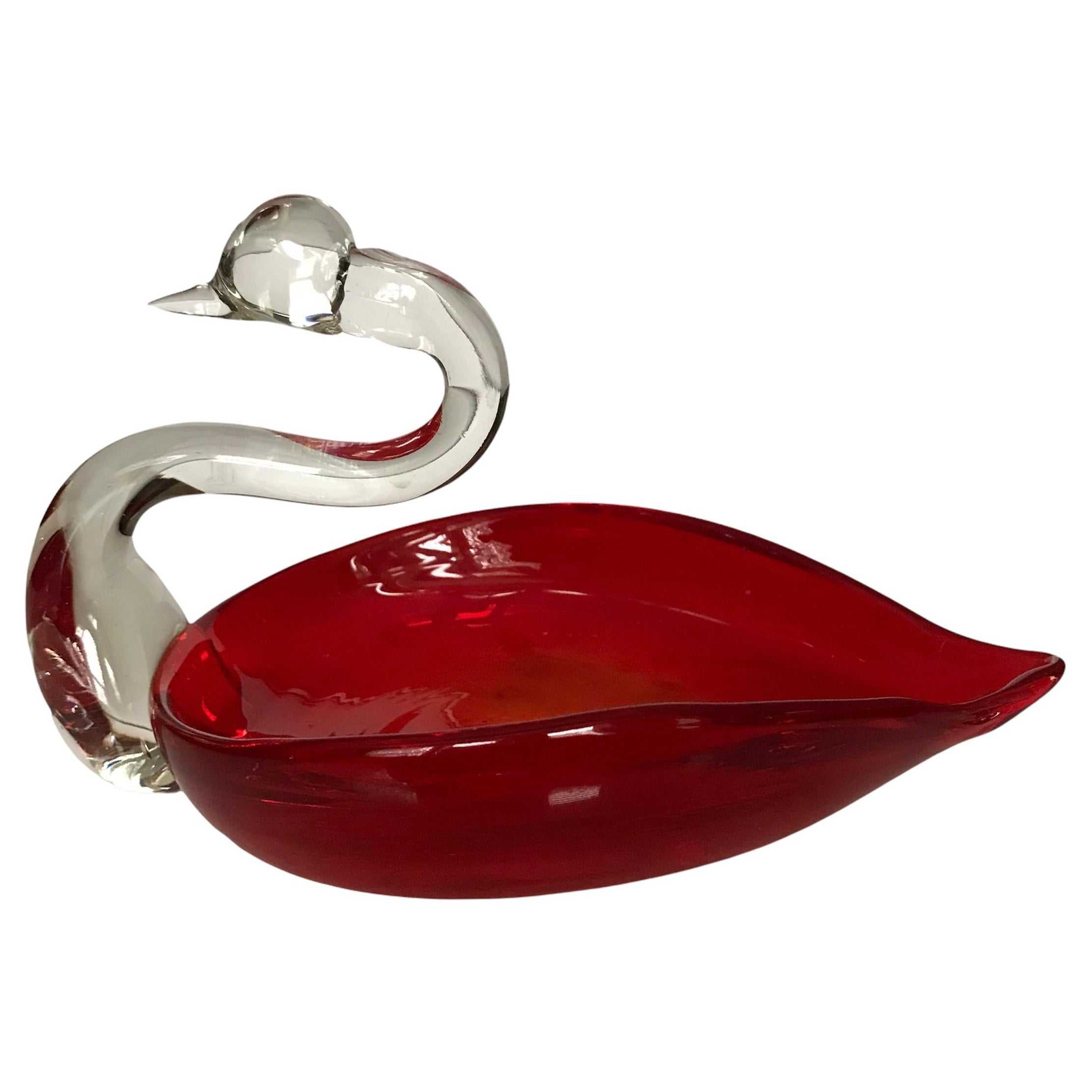 Mid 20th Century Cherry Red Art Glass Swan Dish For Sale
