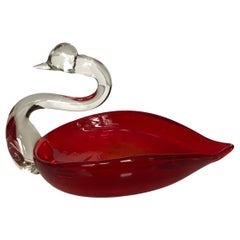 Mid 20th Century Cherry Red Art Glass Swan Dish