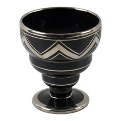 French Art Deco 1930s Silver Overlay Black Ceramic Vase by Ceram