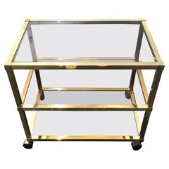 Vintage Smoked Glass and Brass Three Tiered Bar Cart