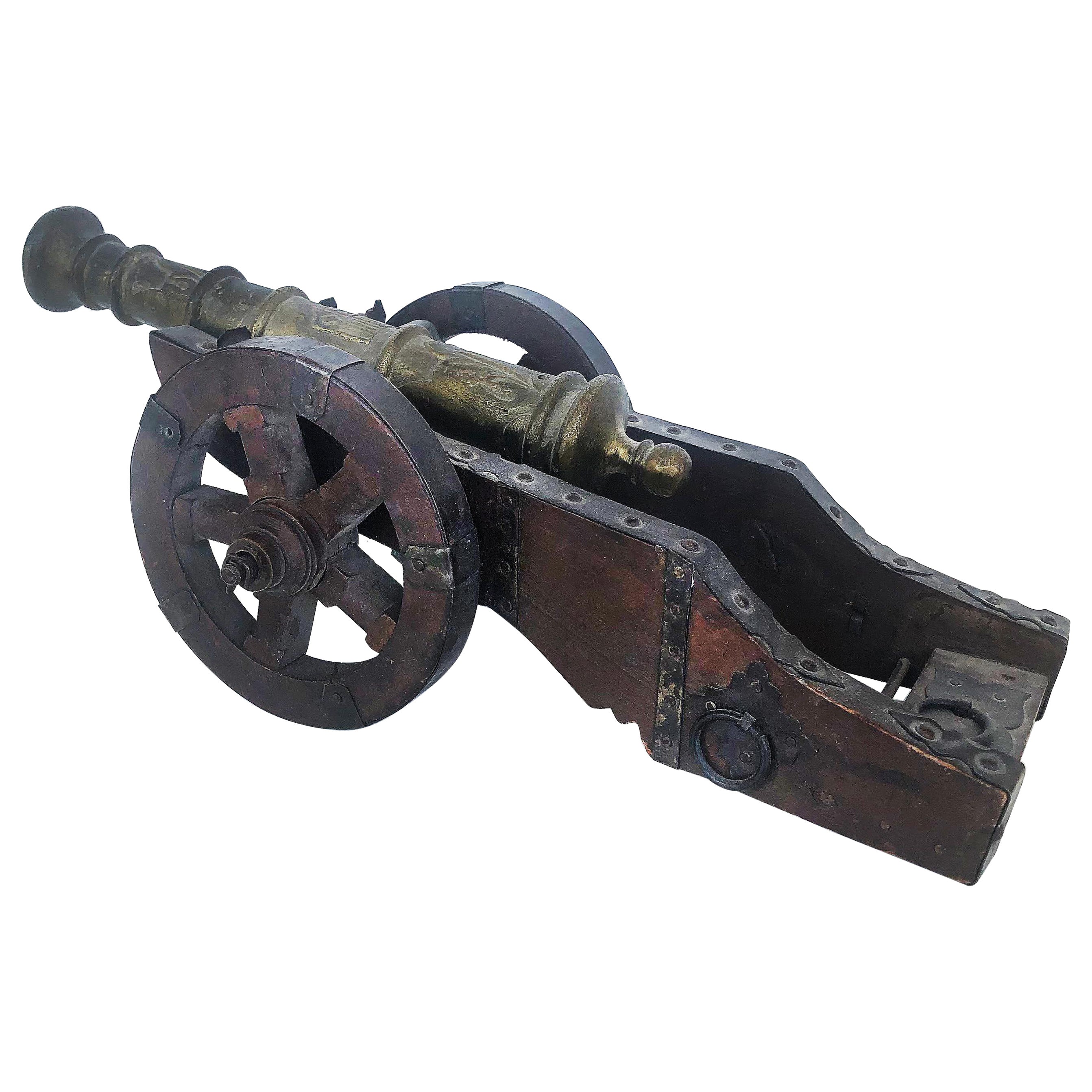 Antique Miniature Bronze Cannon on Cariage with Wood & Metal