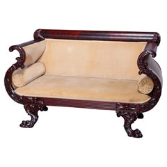 Antique American Empire Neoclassical Carved Flame Mahogany Settee, Circa 1840