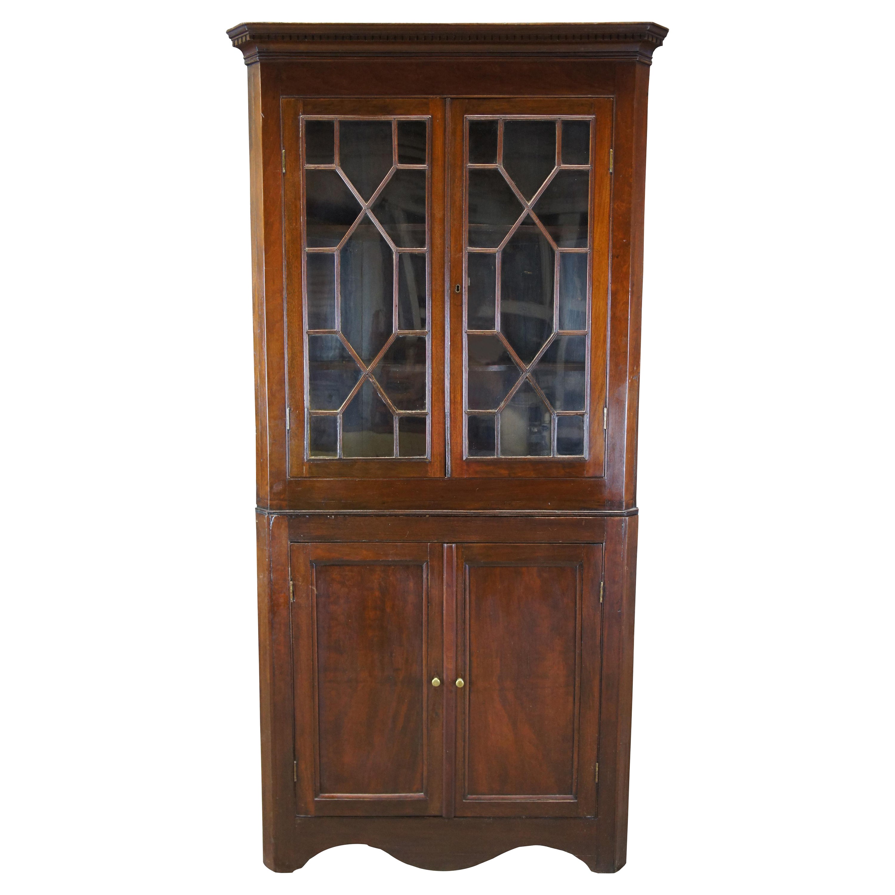 Antique 19th C. English Georgian Mahogany Corner China Curio Cupboard Cabinet
