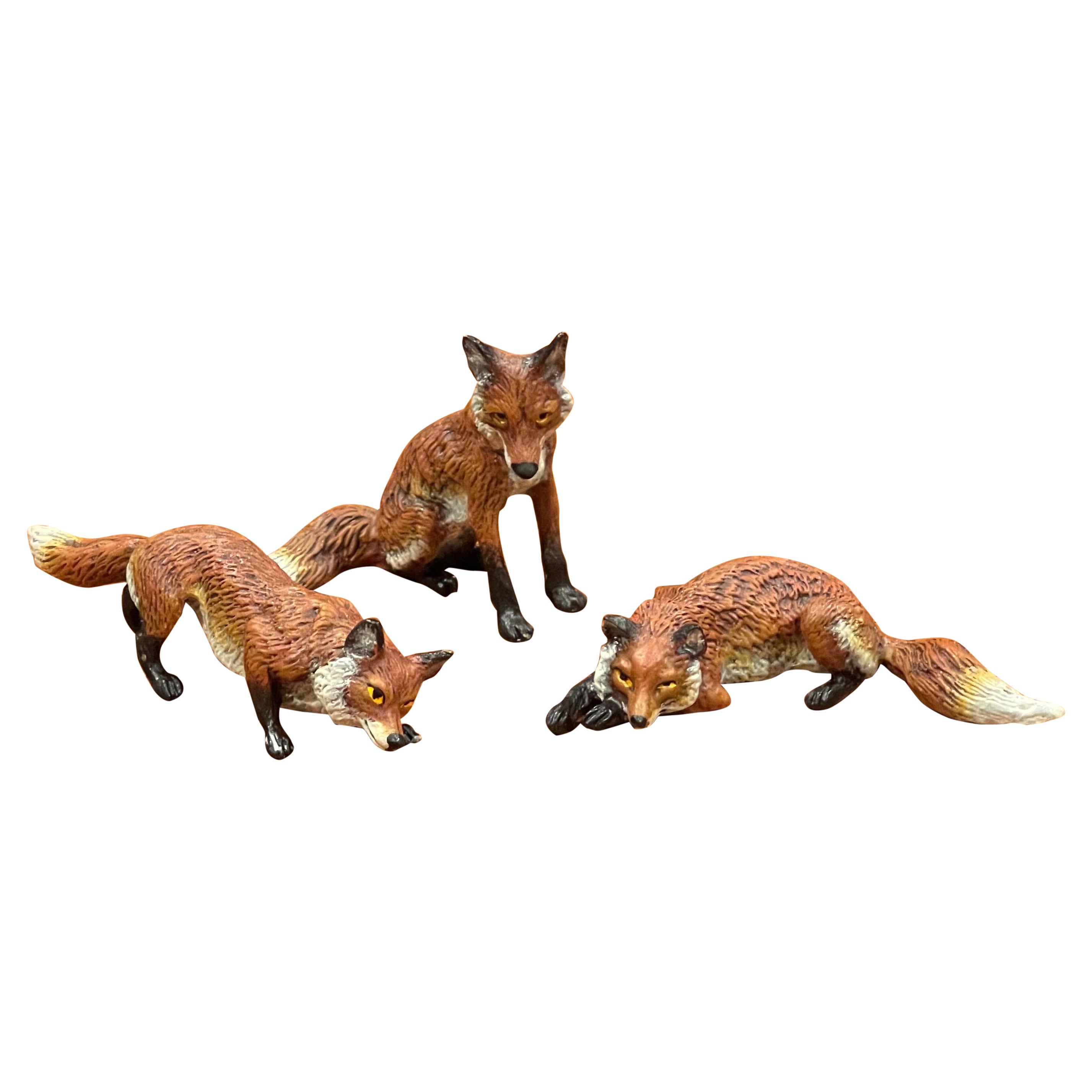 Set of Three Austrian Bronze Hand Painted Miniature Fox Sculptures For Sale