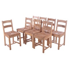 Retro Set of 8 Danish Oak Kitchen Chairs with Wicker Seat, 1970s