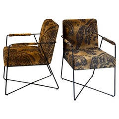 Pair of Contemporary Armchairs Black Steel and Dark Gold Jacquard Velvet