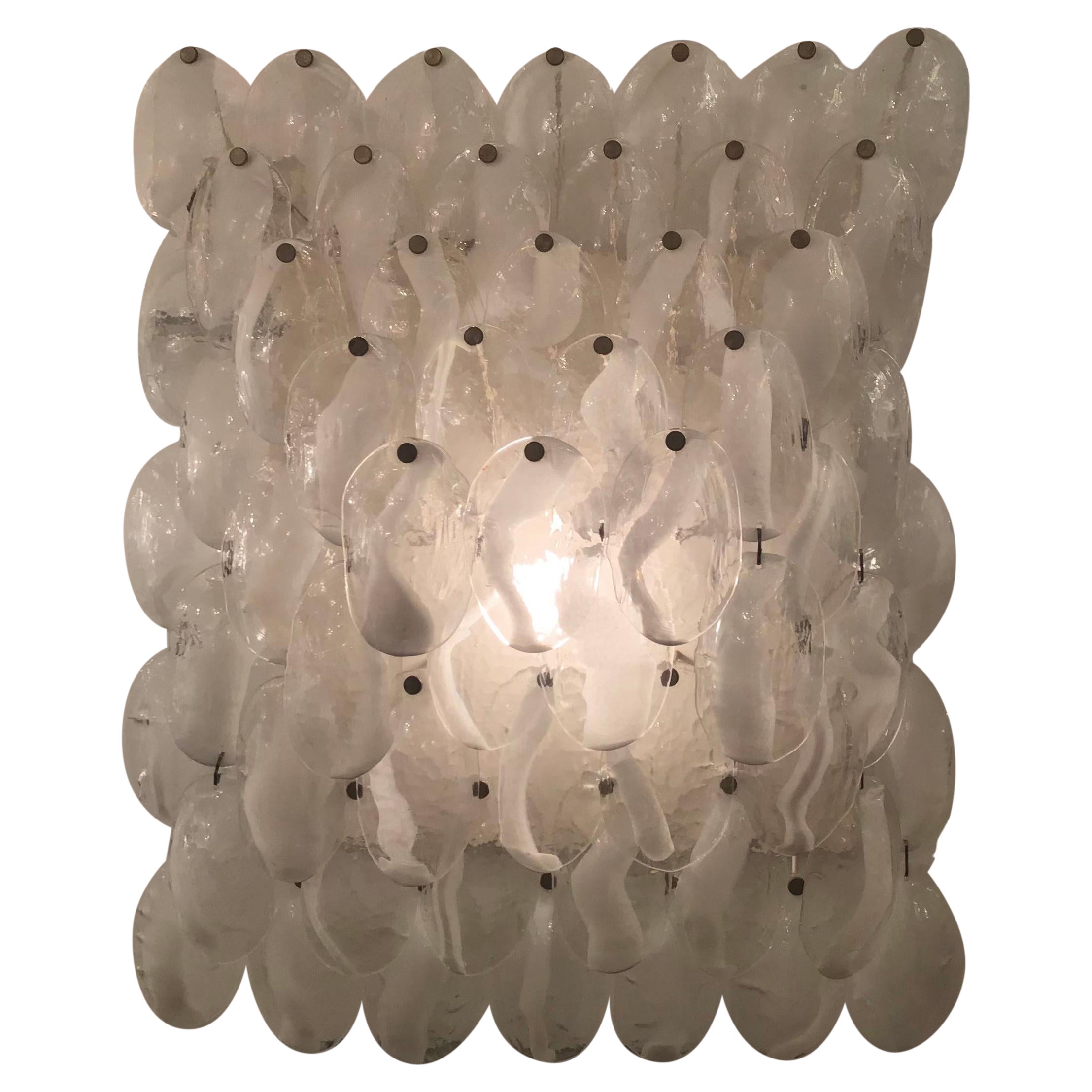 Mazzega Wall Light 1960, Murano Glass Iridescent White Transparent and Metal For Sale
